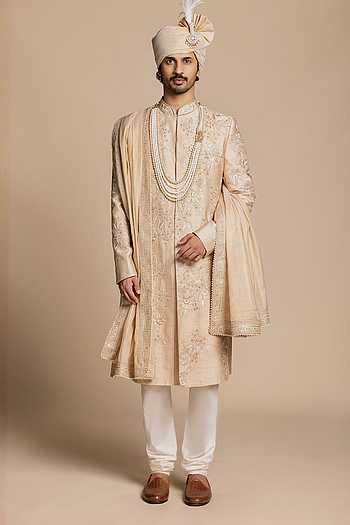 Raw Silk Embroidered Sherwani Set