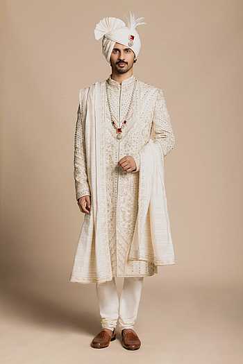 Raw Silk Embroidered Sherwani Set