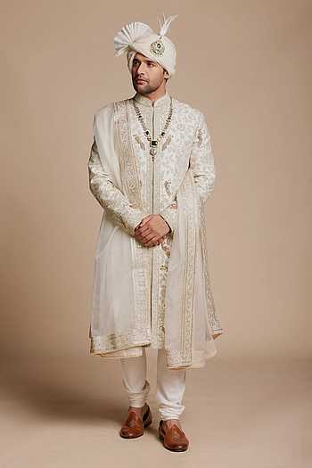 Bird Embroidered Raw Silk Sherwani Set