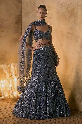 Cendre Bugle Bead Embroidered Fishcut Lehenga Set
