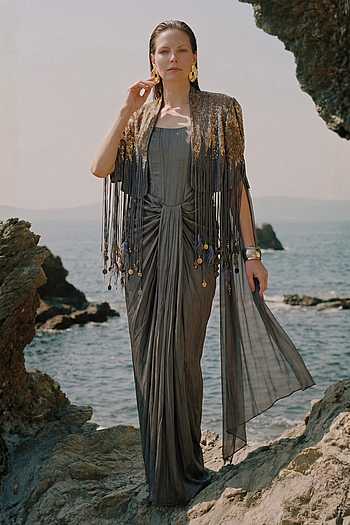 Draped Corset Saree Gown With Cape