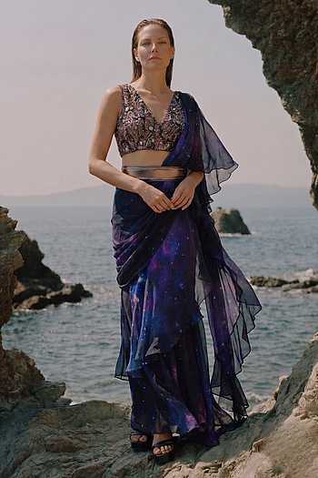 Galaxy Print Ruffle Saree With Blouse