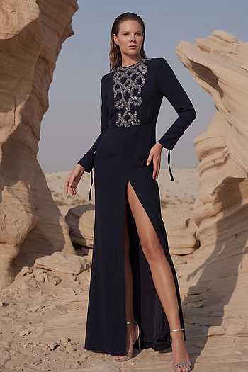 Gun Metal Embroidered Slit Dress