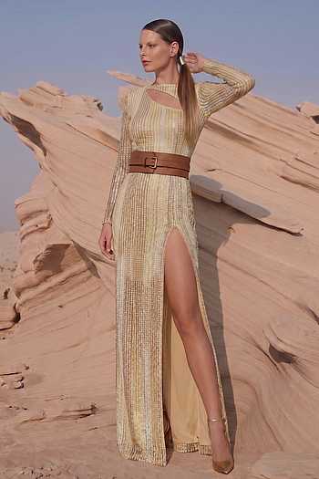 Stripe Sequin Embroidered Slit Dress