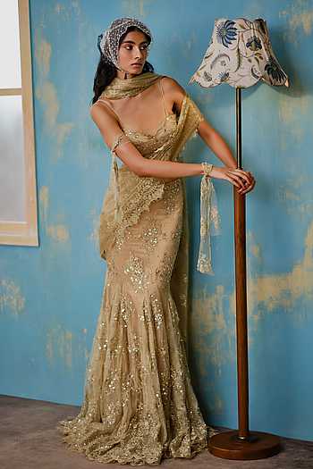 Metallic Pre-Draped Saree With Embroidered Blouse
