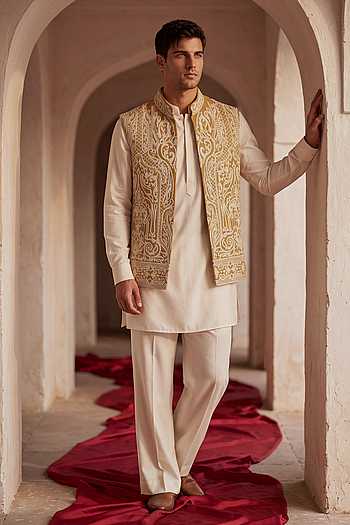 Textured Embroidered Waistcoat Set