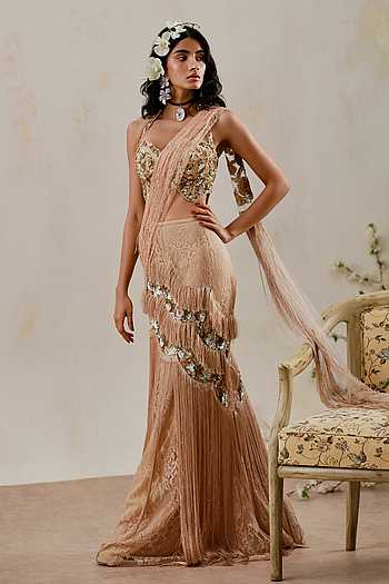 Lace Embellished Pre-Draped Saree With Blouse