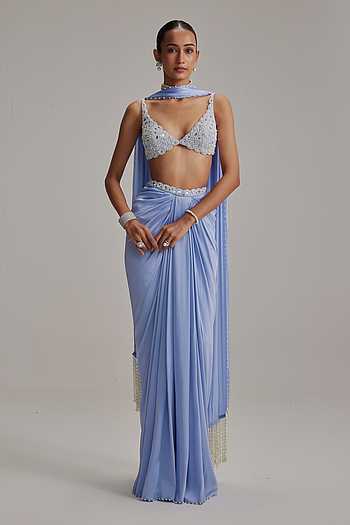 Dew Blue Satin Draped Skirt Set