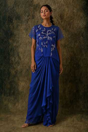 Flicker Embroidered Top & Draped Skirt Set