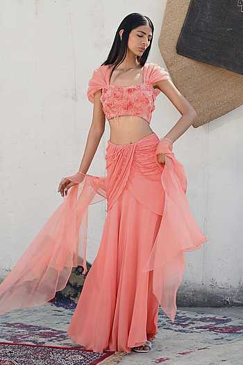 Blossom Embroidered Blouse Draped Skirt Set