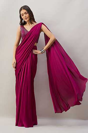 Pre-Draped Saree With Sleeveless Embroidered Blouse