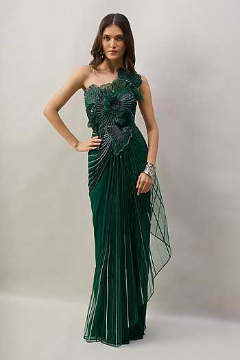 One Shoulder Embroidered Saree Gown
