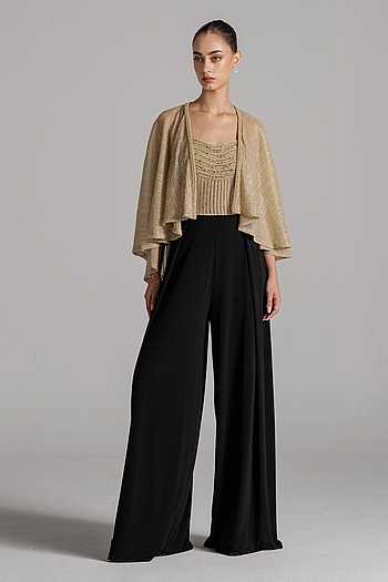 Crystal Wave Shimmer Pleated Jumpsuit With Cape