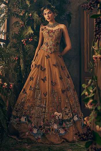 Structured Golden Horse Cart Lehenga & Corset Set