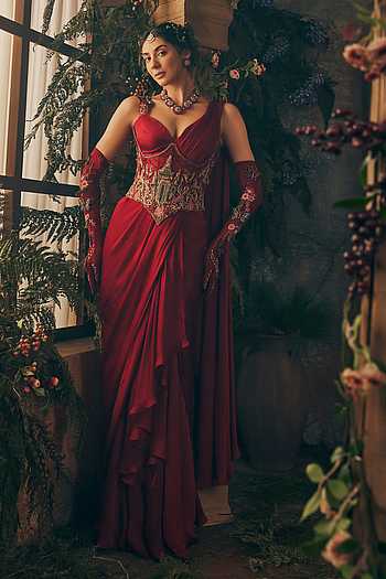 Pre-Draped Saree Set With Corset Belt