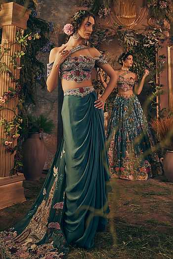 Teal Blue Story Telling Blouse Skirt Set