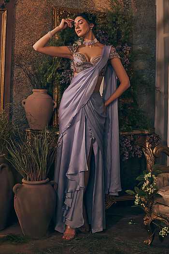 Powder Blue Lilac Draped Saree Set