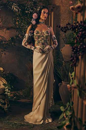 Floral Long Corset Blouse Skirt Set
