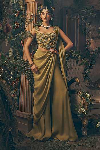Olive Draped Pant Saree Set