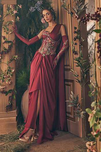 Embroidered Pre-Draped Skirt Saree Set