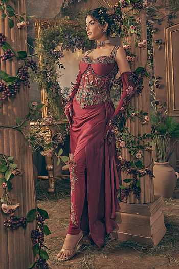 Maroon Corset Belt Gown