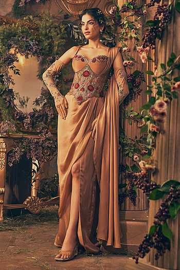 Golden Draped Saree Set