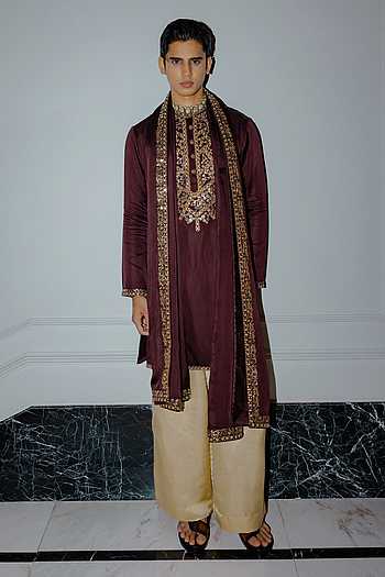 Brown Foil Embroidered Kurta Set