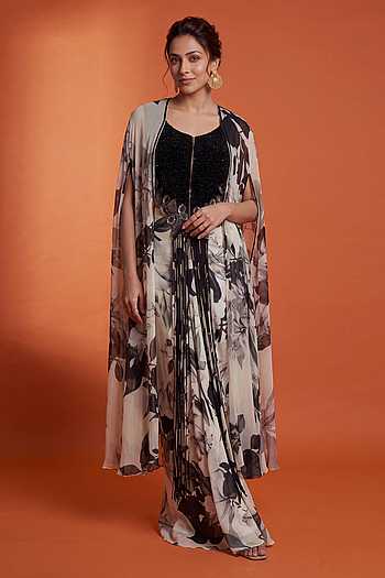 Printed Slit Cape With Front Knot Skirt Set