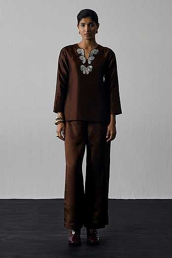 Neckline Embroidered Top & Pant Set