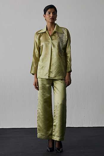 Leaf Embroidered Shirt & Pant Set