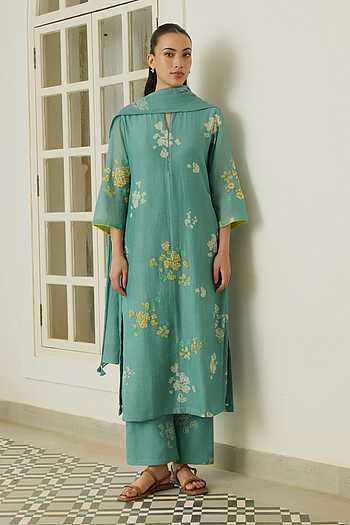 Aqua Floral Print & Applique Kurta Set
