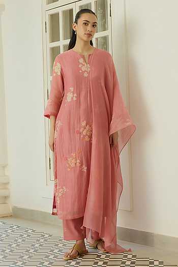 Blush Floral Applique & Printed Kurta Set