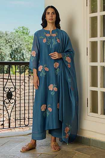 Indigo Floral Applique Kurta Set