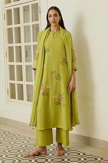 Lime Applique Floral Kurta Set