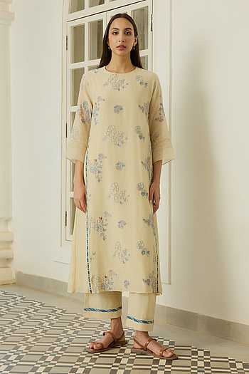 Ecru Embroidered Kurta & Pant Co-Ord Set