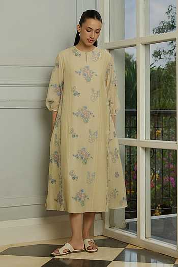 Ecru Thread Embroidered Dress