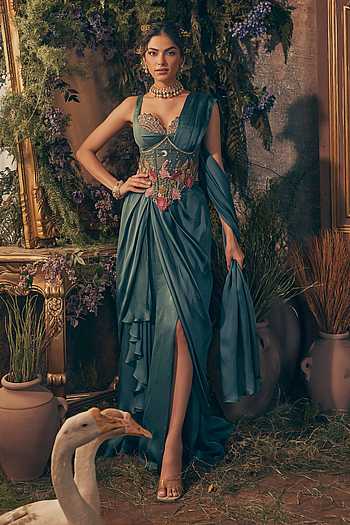 Teal Blue Draped Saree Set