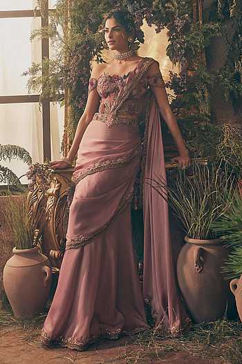 Off Shoulder Blouse & Draped Saree Set