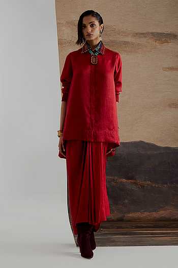 Atri Embroidered Collar Shirt & Draped Skirt Set