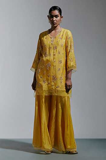 Scattered Floral Embroidered Kurta With Sharara