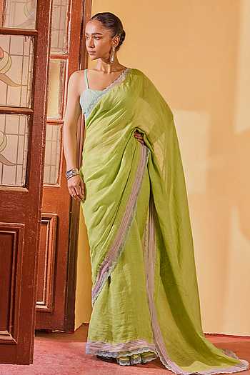 Handwoven Linen Saree & Unstitched Blouse With Lace Border