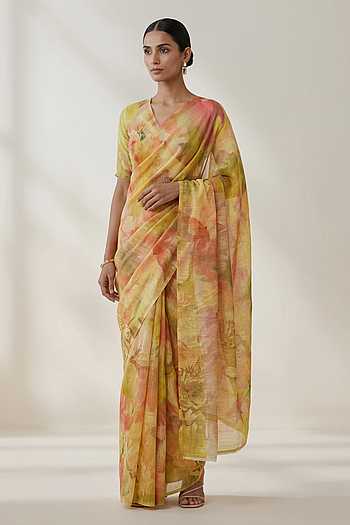 Watercolor Floral Print Saree With Running Blouse