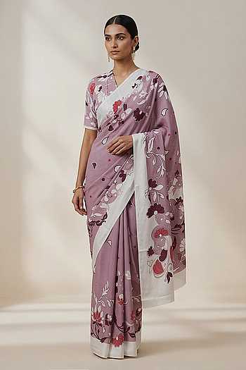 Illustrated Floral Print Saree With Running Blouse