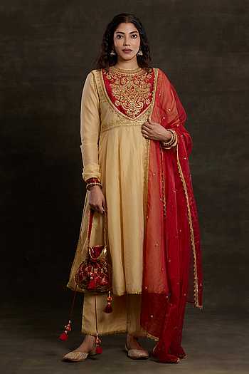 Chanderi Anarkali Set With Organza Dupatta