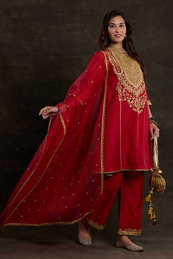 Embroidered Yoke Red Kurta Pant Set