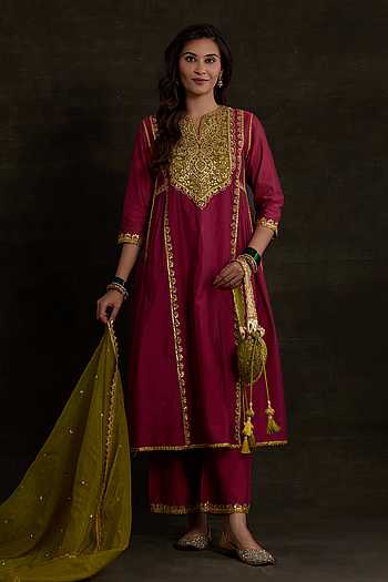 Embroidered Yoke Plum Kurta Set