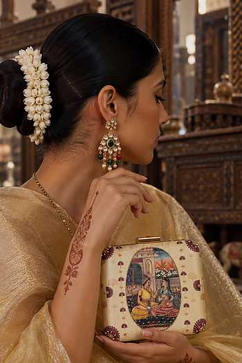 Indian Miniature Art Print Embroidered Clutch Bag