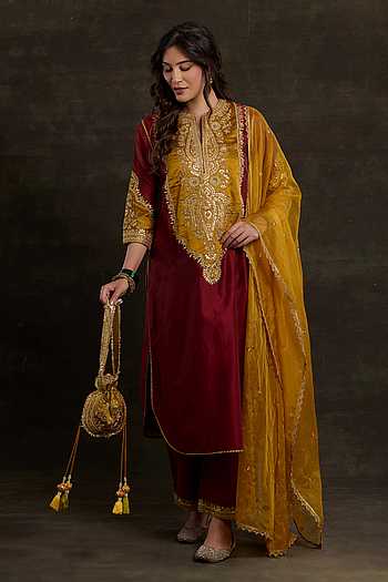 Embroidered Yoke Maroon Kurta Pant Set