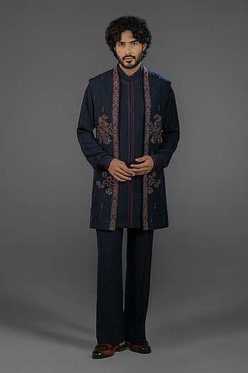Noble Navy Embroidered Bundi Jacket & Kurta Set