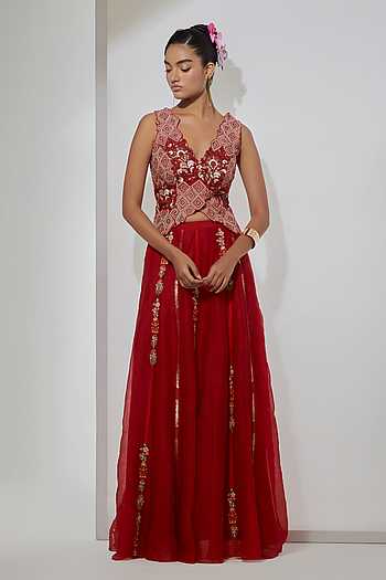Gulab Crimson Silk Corset & Skirt Set